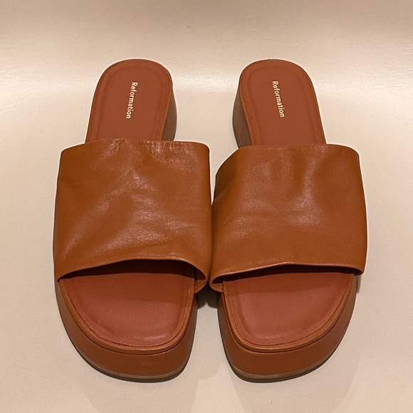 Reformation Rue Platform Slide Sandal Brown Leather Pecan Size 9.5 - Picture 3 of 6